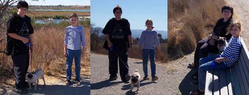 Adam, Julia and Sheba walking, stopping and sitting